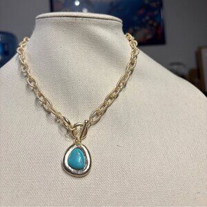 Gold Chain Necklace With Blue Teardrop Stone Pendant
